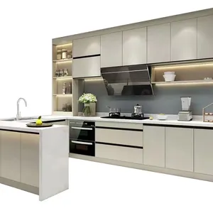 Desain Modern Matte pernis Mdf Panel datar dua warna lemari dapur dengan pulau dibuat di Cina