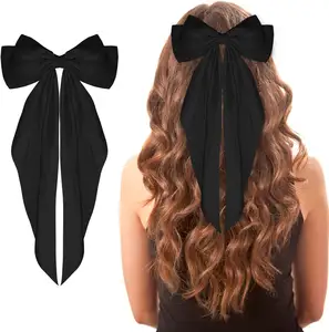 Lớn Bow barrettes đuôi dài pháp Ribbon tóc pins mềm mượt satin Clip tóc kim loại Bowknot tóc phụ kiện bên phụ nữ cô gái