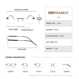 Gafas sin montura Greyjack, montura metálica rectangular, lentes AC, gafas ópticas unisex, tamaño mediano, estilo empresarial - Product Image 3