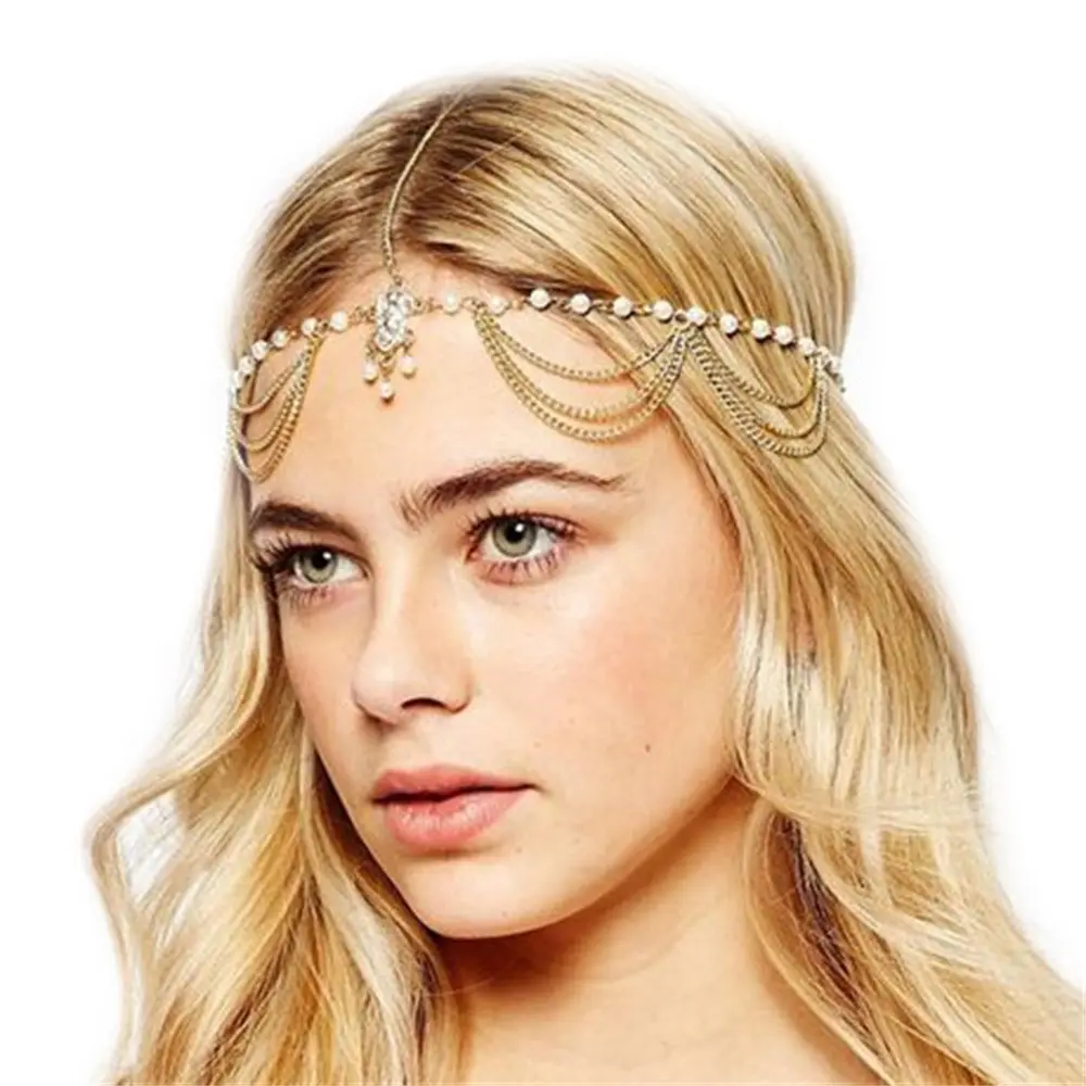 SSeeSY Mode Schmuck Perle Quaste Haarzubehör Legierung Wassertropfen eingebrachter Diamantkette Kopfband für Damen