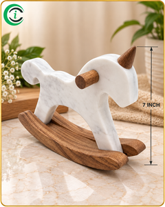 Luxuriöse CCI Marmor-Einhorn-Pferdefigur 7 Zoll Weißer Marmor mit Holzdetails Dekorative Tisch-Tierfigur für Zuhause - Product Image 2