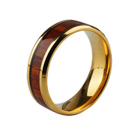 Bague de luxe en acier inoxydable de style européen et américain pour homme, avec incrustation de ligne dorée et de bois de rose, bague noire