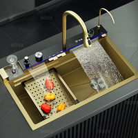 Évier de cuisine en acier inoxydable doré multifonctionnel grand bassin unique distributeur de cascade fente pour vaisselle bassin de comptoir