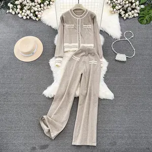 Fashion Set Women's Long-Sleeved Crew-Neck Sweater Top Two-Piece Set Of High-Waisted Straight Tube Wide-Leg Pants