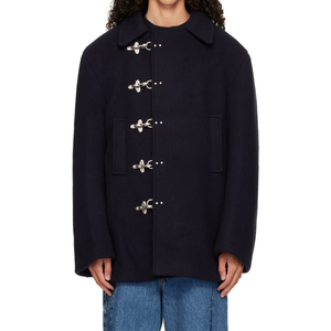 Veste d'hiver personnalisée pour homme, style pompiers marine, avec crochets, épaisse, à boutons mousquetons, doublée satin, en laine - Product Image 1