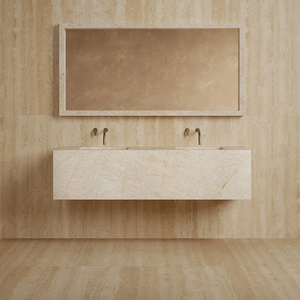 Lavabo da bagno monoblocco in marmo intero, design a incasso profondo con doppio lavabo, tonalità neutra chiaro, moderno, per concetti di bagno open space - Product Image 1