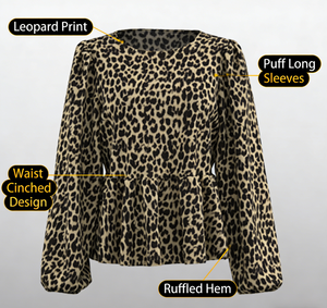 Blusa de Mujer con Estampado de Leopardo, Cuello Redondo, Mangas Largas Abullonadas, Cintura Ajustada, Dobladillo con Volantes, Estilo Retro Elegante y Favorecedor - Product Image 6