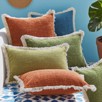 Ensemble de coussins carrés à franges en polyester et lin de couleur unie, style luxe léger, pour la décoration du canapé du salon