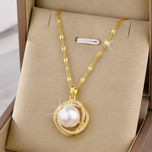 Collar de Acero Inoxidable Chapado en Oro de 18k Que No Se Deslustra, con Colgante de Cruz, Corazón y Mariposa con Circonitas, Collar de Perlas para Mujer, Regalo de Joyería - Product Image 1