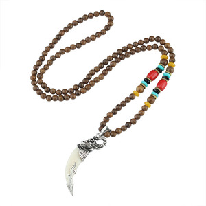 Collar Tibetano Vintage de Plata de Nepal, Cadena de Aleación, Colgante de Diente de Lobo, Cuentas de Madera, Regalo de la Suerte, Accesorios de Oración, Unisex - Product Image 5