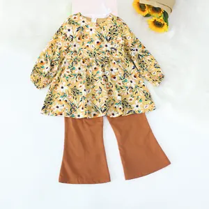 wholesale fashion cute fall long sleeve floral top nine-quarter jeans kids baby girl clothing set for 3-8 years