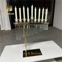 Support en métal doré unique avec cristal suspendu, porte-bougie à 9 bougies, centre de table de mariage