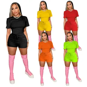 2024 Hot Selling Solid 2 Piece Shorts Set Summer Women Clothes Short Sleeve T-Shirt And Biker Shorts Set