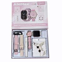 Montre connectée A58 Max, bracelet trèfle à quatre feuilles, rouge à lèvres tube blanc, ensemble de bijoux pour femme, montre de mode en alliage à quartz avec fonction d'appel et suivi d'activité