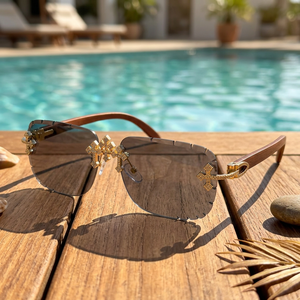 Lunettes de soleil de luxe sans monture, verres polarisés gris foncé, monture en bois, décor doré, unisexe, protection solaire pour adultes - Product Image 3