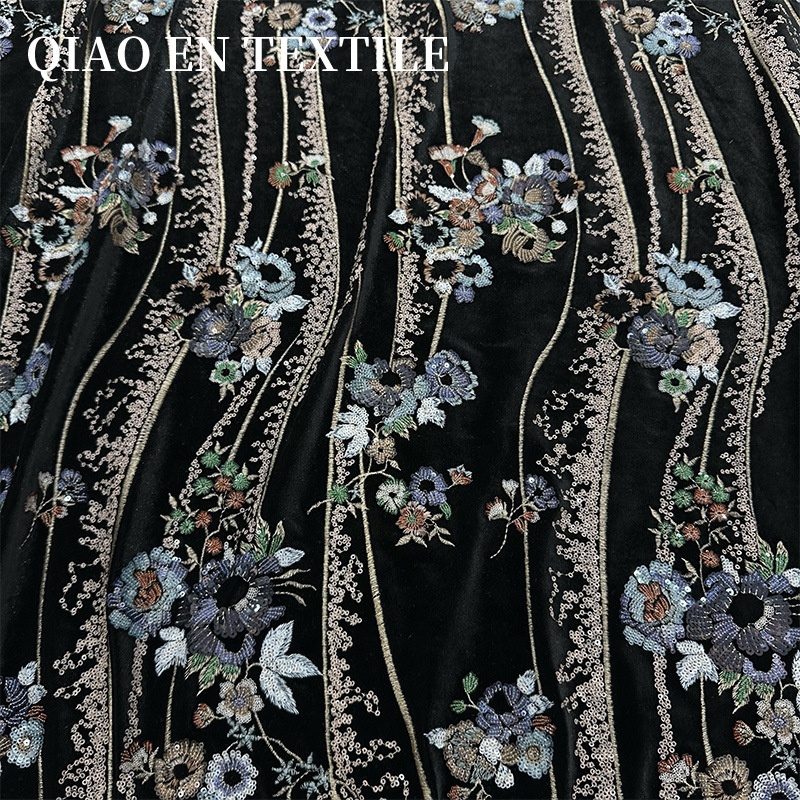 High-End Velvet Three-Dimensional Sequin Bead Tube Embroidery Fabric PE Coated Modern Girls Wedding Dress Dance Costume Bag