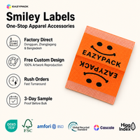 Direkt vom Hersteller: Individuelle Smiley-Gesicht-Etiketten, Orange Gewebte Etiketten mit Webkante für Jugendkleidungslinien