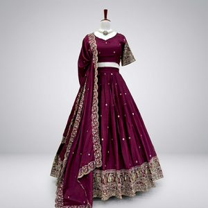 Robe traditionnelle pour femme, Lehenga Choli, brodée, avec des paillettes, travail au fil, soie Vichitra, pour mariage et fête - Product Image 1