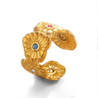Neuer Modeschmuck 18k Vergoldeter Edelstahl Retro Breiter Bunter Zirkon CZ Blumen Offener Ring für Damen