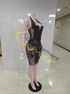 Ocstrade <span class=keywords><strong>Abito</strong></span> da Club Midi Nero Personalizzato con Halter, Strass e Rete, Vestito <span class=keywords><strong>Aderente</strong></span> Trasparente in Pelle per Compleanno, Ballo di Fine Anno, Serate e Feste - Product Image 4