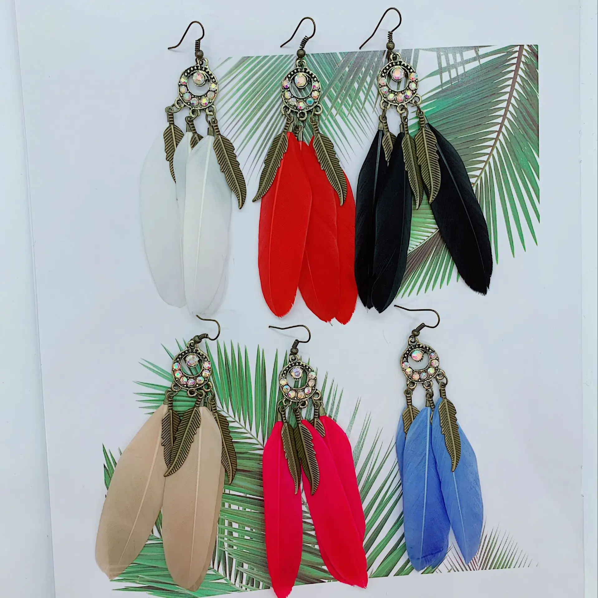 Colorful Vintage Aztec Ethnic Style Earring Feather Tassel Dangle Earrings Bohemian Plume Gold Tone Metal Chain Drop Earrings