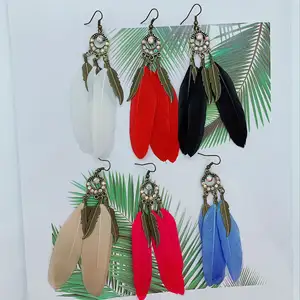 Boucles d'oreilles Vintage de Style ethnique aztèque, boucles d'oreilles pendantes, Plume bohème, Plume, or, chaîne en métal
