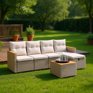 Conjunto de sofá de jardín de ratán beige con acero con recubrimiento en polvo y muebles de exterior de madera de acacia - Product Image 2