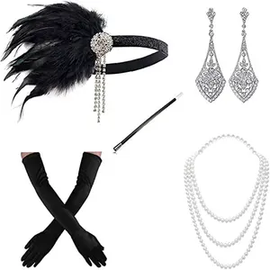 Ensemble d'accessoires de Costume <span class=keywords><strong>Gatsby</strong></span> des années 1920, bandeau à plumes noires, collier de perles, gants, porte-Cigarette pour fête costumée, offre spéciale - Product Image 1