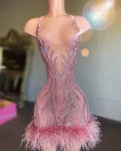 Ocstrade Luxury V Neckline Women Cocktail Feather Dress Pink Diamonds Short Sexy Prom Dresses 2023 For Birthday Party Club Dress
