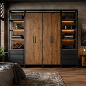 Hot Sale Modern Wooden Wardrobe Closet with LED Light Open Shelves Drawers <strong>Black</strong> Frame <strong>Bedroom</strong> <strong>Furniture</strong> for Apartment Hotel - Product Image 1