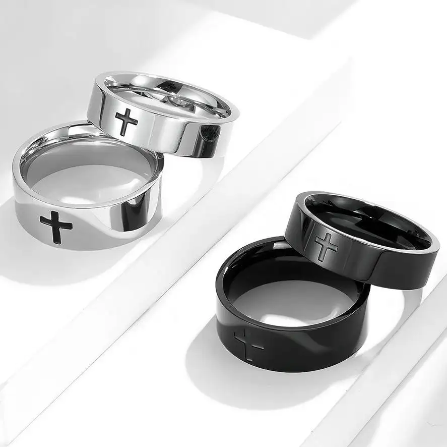Nuevo producto, anillo de plata de acero inoxidable para hombre, joyería Simple y creativa, anillo cruzado de epoxi negro, anillo de pareja religiosa, joyería