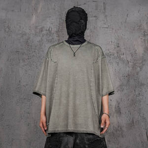 Magliette vuote da uomo oversize con finitura lavata grigio 100% Top in cotone con scollo <span class=keywords><strong>Vintage</strong></span> Look Casual quotidiano e durevole confortevole - Product Image 3