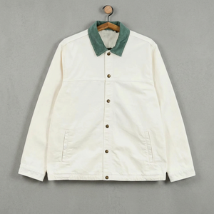 Men's White <b>Canvas</b> Shirt Jacket with Green Collar Button Closure Casual Winter Wear Hooded Logo Front - Product Image 5