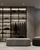 Armoire de chambre contemporaine autoportante convertible avec bureau d'angle intégré, meuble de rangement sur mesure en verre