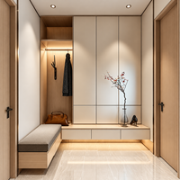 Armoire de hall d'entrée avec banc rembourré, zone de suspension pour manteaux et tiroirs à chaussures flottants pour les intérieurs d'appartements modernes