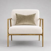 Fauteuil rembourré avec structure métallique ouverte, accoudoirs courbes, pieds effilés, chaise d'appoint en tissu lin pour coin lecture, crème