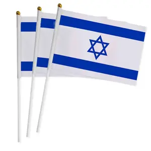 Livraison rapide Polyester 14*21cm petit drapeau tenu dans la main d'Israël avec poteau en plastique de 30cm