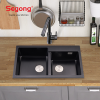 Évier de cuisine en composite de quartz noir, double bac, en granit, à poser en surplomb/sous plan, avec trop-plein