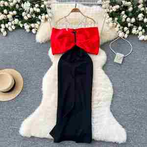 Robe midi décontractée à bretelles pour femmes, dentelle ornée de diamants, Vestidos rouge, noir, blanc - Product Image 4