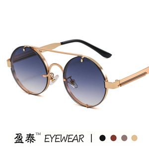Retro <b>Round</b> <b>Frame</b> <b>Sunglasses</b> Metal Spring Temples Double Bridge Steampunk Style Men UV400 Protection Gold - Product Image 1