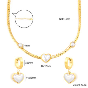 Conjunto de collar y aretes de perlas en forma de corazón, de acero inoxidable, conjunto de regalo de joyería de moda. - Product Image 4