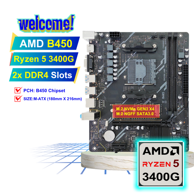 PANDL NEW B450 Mainboard Combo CPU AMD Ryzen 5 3400G Supports XMP 2x DDR4 DIMM PCIe3.0 X16 NVME M.2 SSD SATA3.0 B450 Motherboard