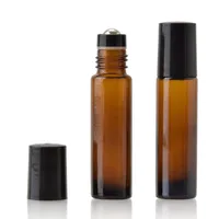 Vente en gros de flacons roulants en verre ambré de 10ml avec inserts roulants en acier inoxydable et bouchons noirs