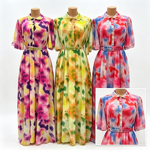 Robe chemise imprimée tie-dye à revers et boutons, avec pantalon évasé, manches courtes, ceinture intégrée, plis à la taille, jupe longue évasée en A - Product Image 6