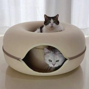 Nouvelle maison pour chat en forme de donut, tunnel, grotte, lit confortable et respirant en feutre avec fermeture éclair, motif solide, trou de ventilation - Product Image 6