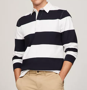 Camicia da <span class=keywords><strong>uomo</strong></span> personalizzata da Rugby con stampa Logo moda colore a contrasto 100% in cotone lavorato a maglia a righe bianche nere <span class=keywords><strong>manica</strong></span> <span class=keywords><strong>lunga</strong></span> per <span class=keywords><strong>Polo</strong></span> - Product Image 1