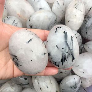 Wholesale Price Hand Carved Natural Black Rutilated Tourmaline <strong>Rocks</strong> Palms <strong>Quartz</strong> Tumbled Stone for Sale - Product Image 1