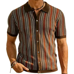 2024年夏デザインのメンズポロシャツ付きストック製品レトロジャカードボタンメンズヴィンテージニットシャツ