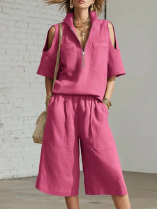 Completo da donna due pezzi con spalle scoperte, top con mezza zip e <span class=keywords><strong>pantaloni</strong></span> <span class=keywords><strong>capri</strong></span> larghi, morbido, per tutti i giorni, ufficio, vacanze, casual, streetwear - Product Image 2