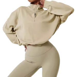 Vêtements de sport en gros, hauts de sport à manches longues en coton, col montant, vêtements de sport amples, hauts courts pour femmes, sweats à capuche - Product Image 5